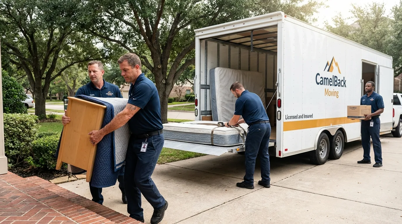 Crew loading residential truck for cross-state move from Vallejo, CA