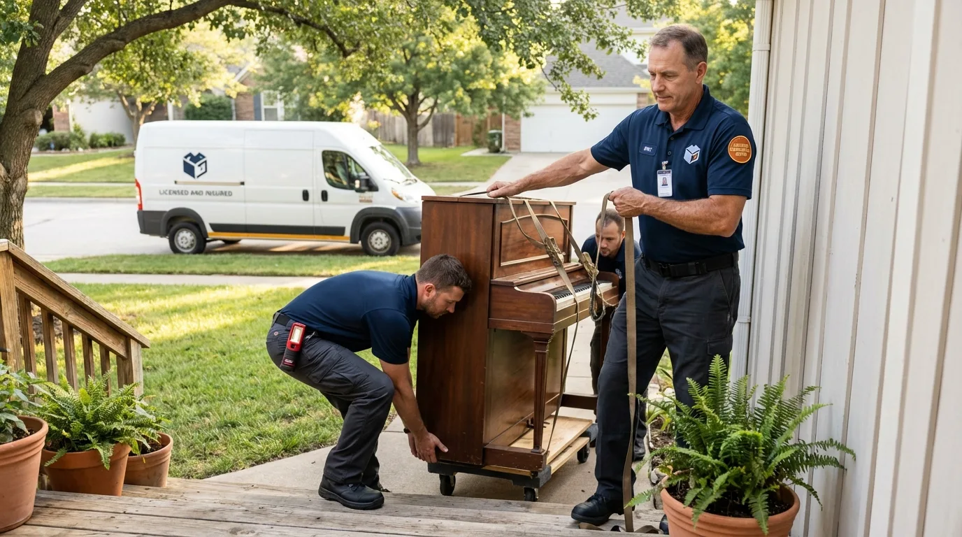 Licensed piano movers securing grand piano in Vallejo, CA