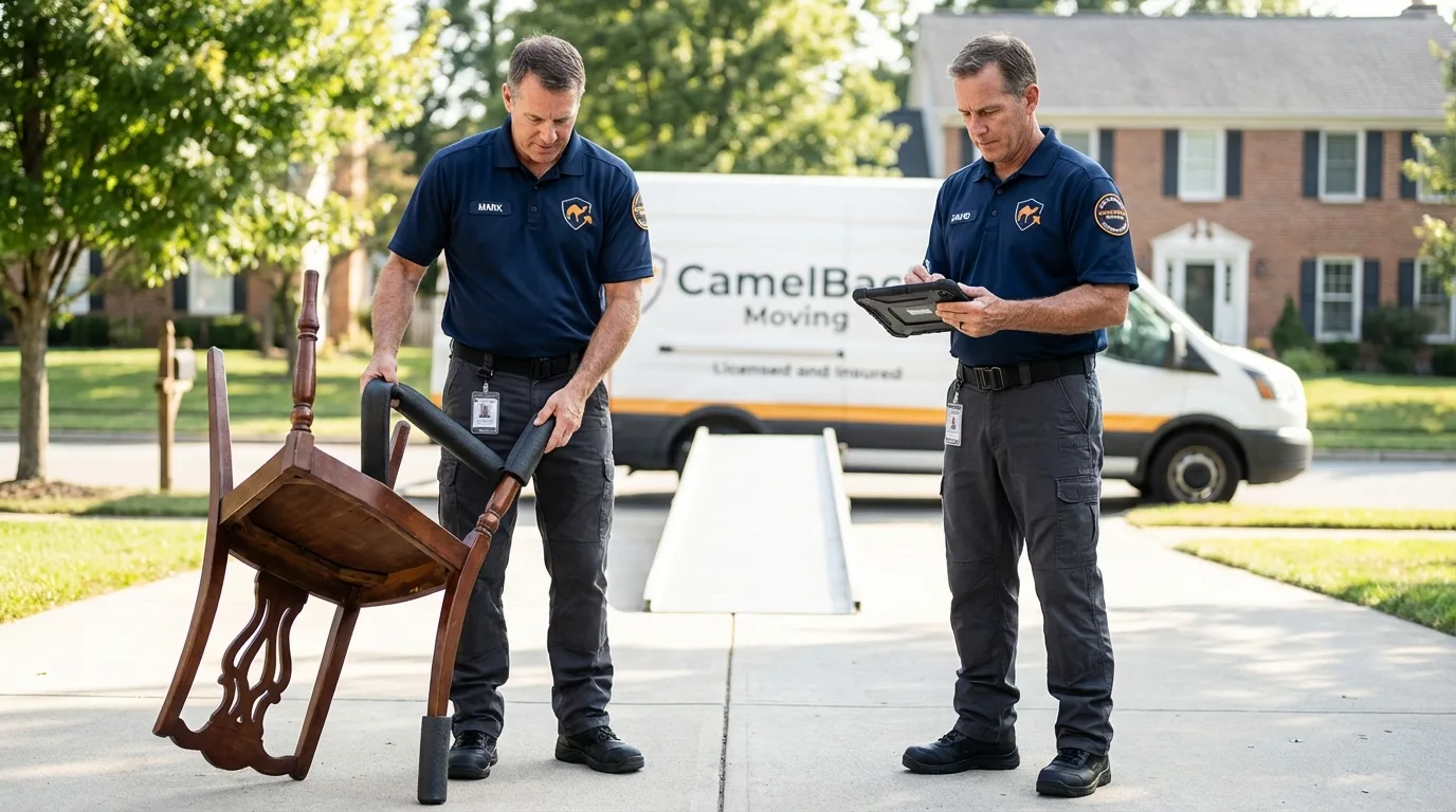 Movers inspecting furniture for damage prevention before loading in Vallejo, CA