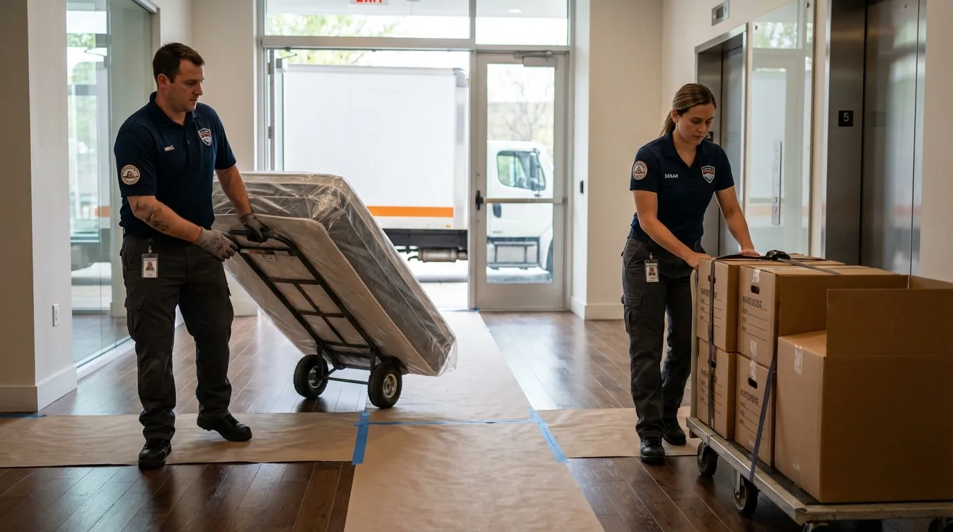 Professional apartment movers loading elevator in Vallejo, CA